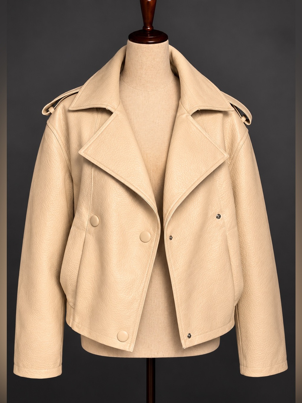 Cream oversized faux leather double breasted jacket w gathered hem. M
